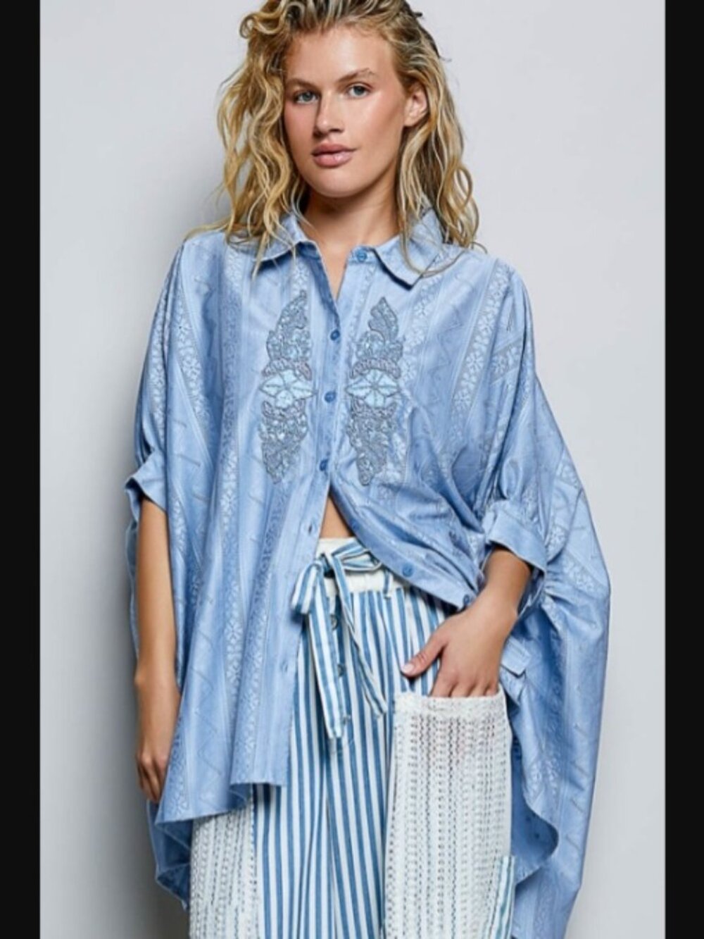 POL Button Down Embroidered Floral Blue High-Low Hem Shirt Blouse NWT